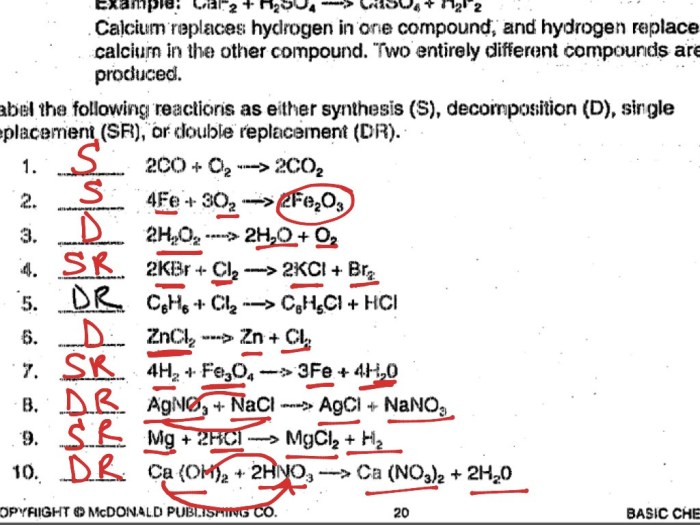 Types of chemical reactions lab answer key